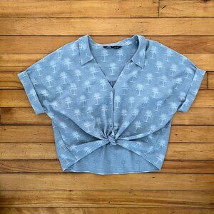Zara Women's Blue Tropical Palm Print Front Tie Shirt